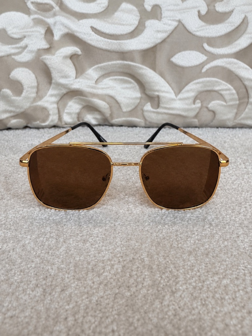 Gold Steampunk Aviator Sunglasses with Textured Side Shields – Brown Lens